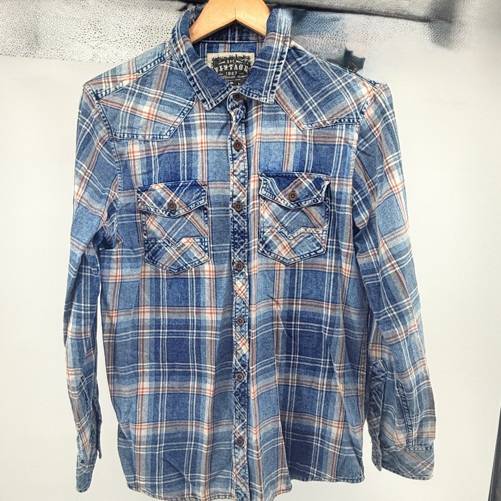BKE Vintage 1967 Mens Blue Plaid Western Button Up Shirt Medium Standard Fit